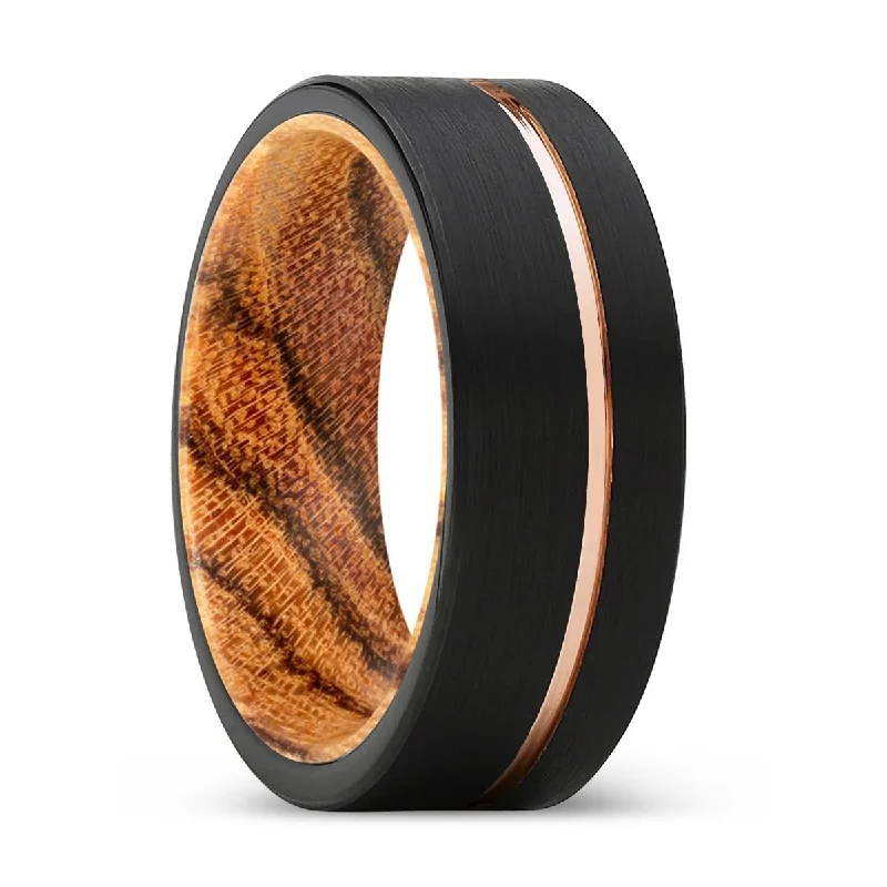 gold wedding bands for women-JESTER | Bocote Wood, Black Tungsten Ring, Rose Gold Offset Groove, Brushed, Flat