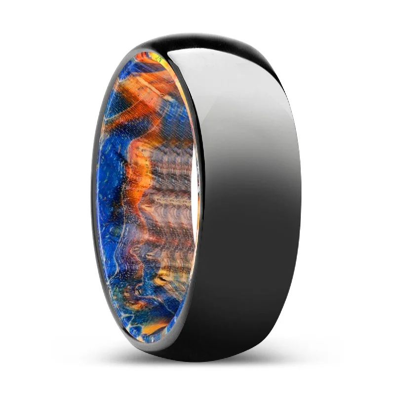 unique engagement rings for women-WOODLAND | Blue & Yellow/Orange Wood, Black Tungsten Ring, Shiny, Domed