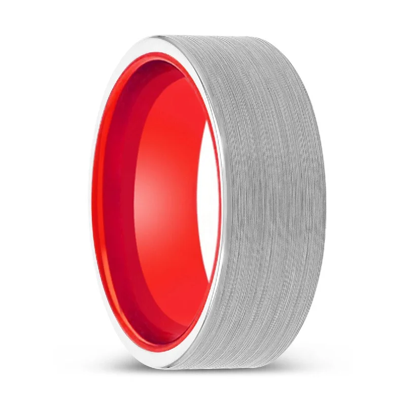 wedding bands for women-SOPRANO | Red Ring, White Tungsten Ring, Brushed, Flat