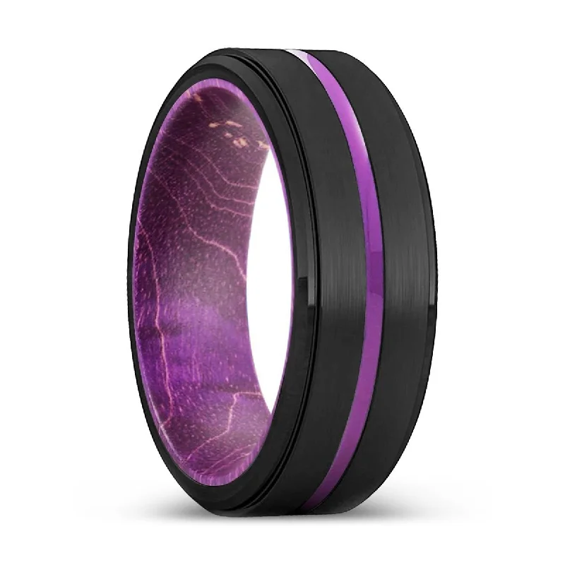 intricate rings for women-LISMORE | Purple Wood, Black Tungsten Ring, Purple Groove, Stepped Edge