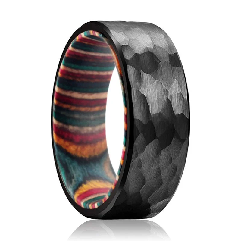 luxury gold rings for women-MIRAI | Multi Color Wood, Black Tungsten Ring, Hammered, Flat