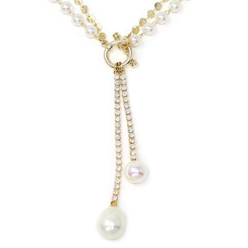 art deco necklaces for women-Two Row Tassel Necklace Pave Pearl Gold Plated