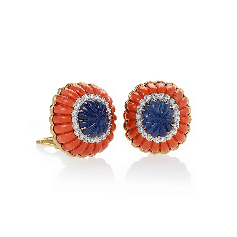 diamond stud earrings for women-David Webb Coral and Sapphire Button Earrings