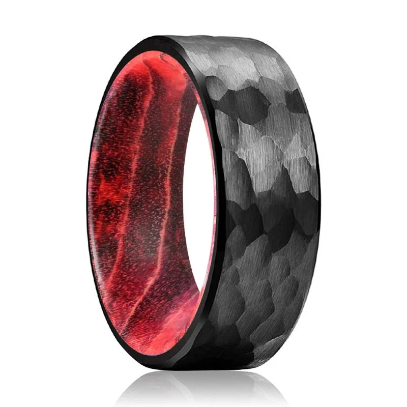 luxury diamond rings for women-VIAN | Black & Red Wood, Black Tungsten Ring, Hammered, Flat