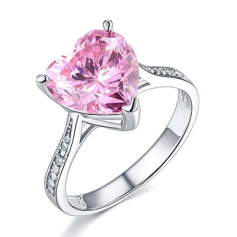 silver engagement rings for women-Created Diamond Bridal Engagement Ring 3.5 Carat Heart Pink