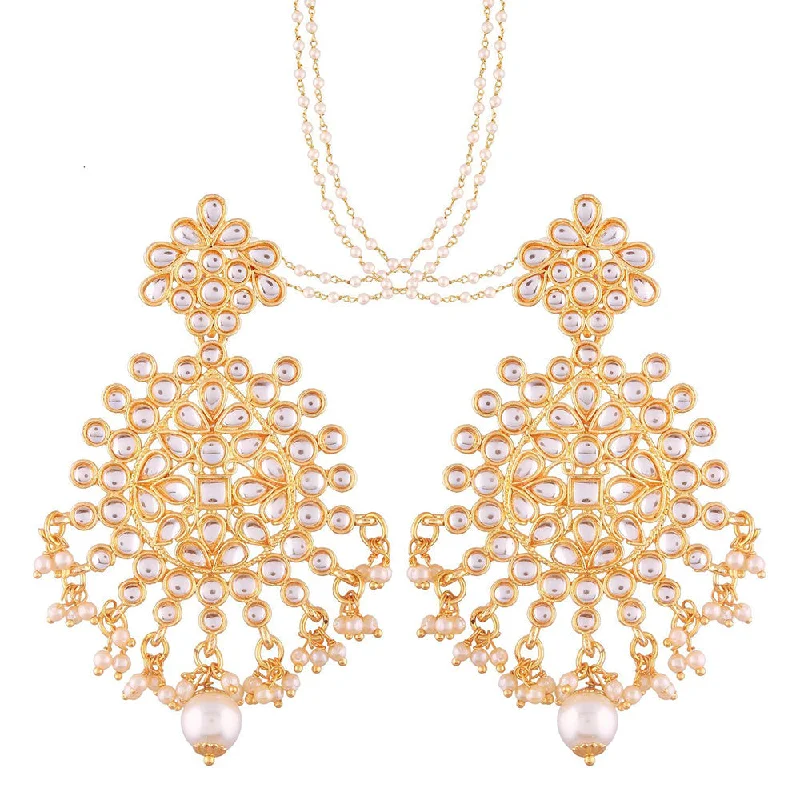 diamond drop earrings for women-Etnico Traditional Gold Plated Big Earrings Encased With Faux Kundans & Attached With Hair Chain for Women/Girls (E2497W)