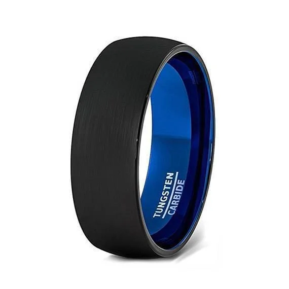 statement rings for women-Black Tungsten Wedding Band With Deep Blue Inside and Brushed Finish - 6mm & 8mm