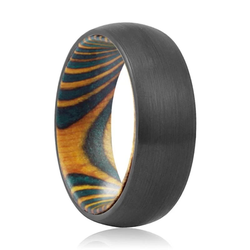 colorful rings for women-DECKER | Green & Yellow Wood, Black Tungsten Ring, Brushed, Domed