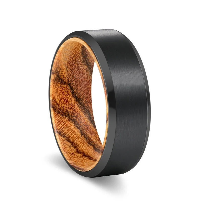 large rings for women-SABLE | Bocote Wood, Black Tungsten Ring, Brushed, Beveled