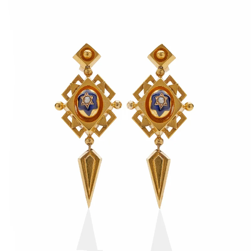 romantic earrings for women-Polychrome Enamel 18K Gold Geometric Pendant Earrings