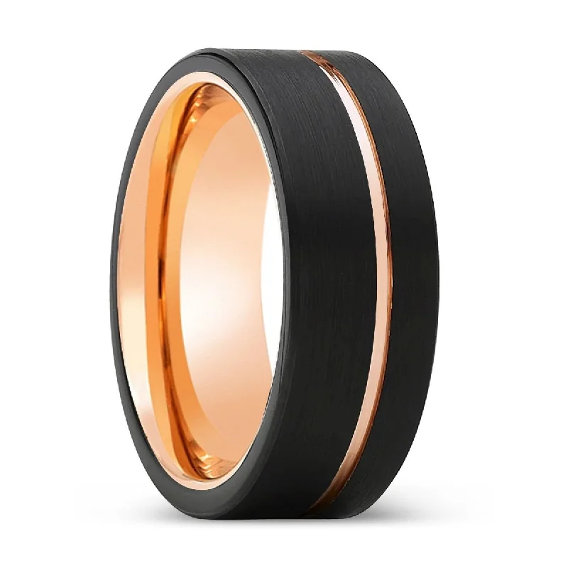 sapphire engagement rings for women-LUMINOUS | Rose Gold Ring, Black Tungsten Ring, Rose Gold Offset Groove, Brushed, Flat