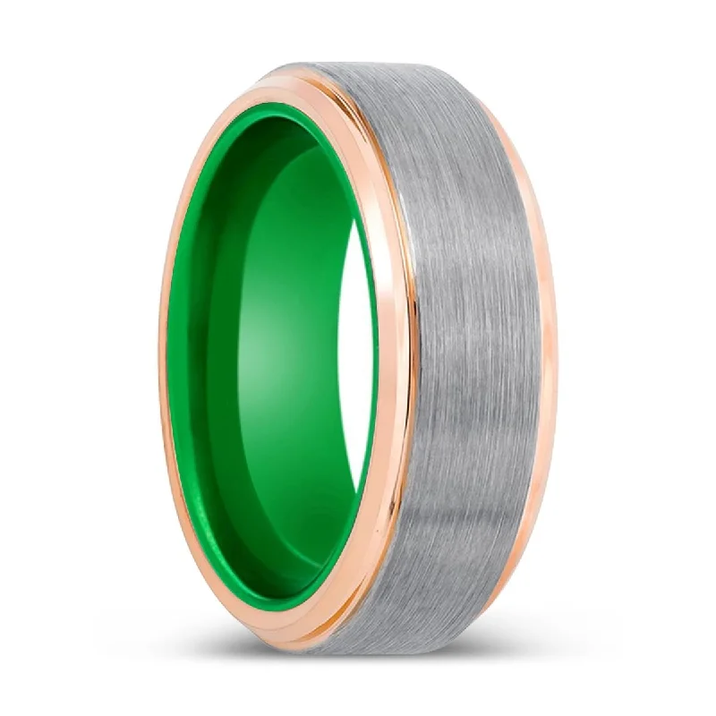 rings for women-GIBBS | Green Ring, Silver Tungsten Ring, Brushed, Rose Gold Stepped Edge