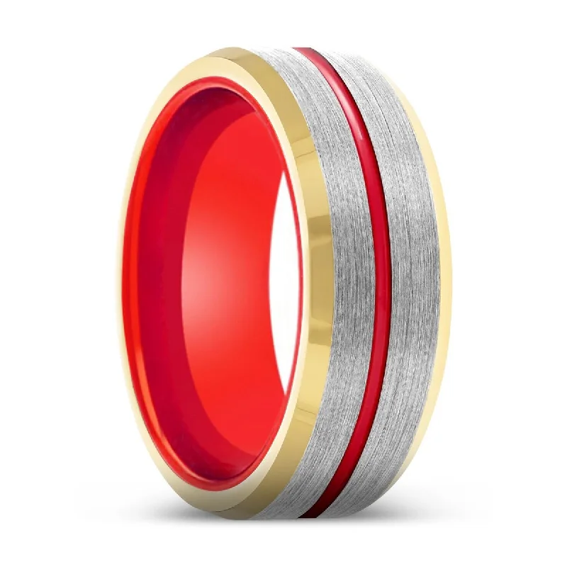 romantic promise rings for women-MOLTEN | Red Ring, Silver Tungsten Ring, Red Groove, Gold Beveled Edge