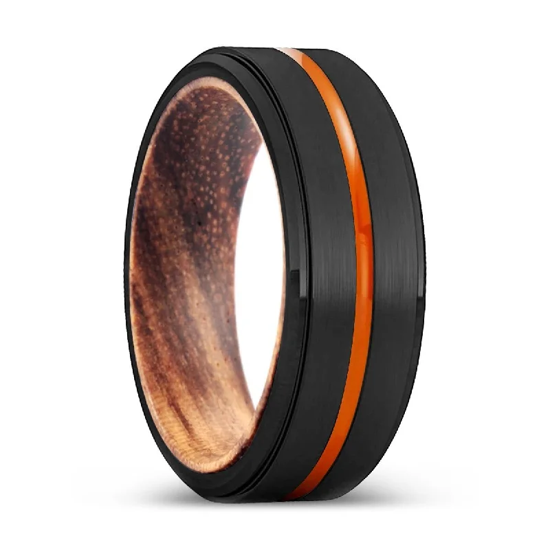 minimalist rings for women-LAVAL | Zebra Wood, Black Tungsten Ring, Orange Groove, Stepped Edge