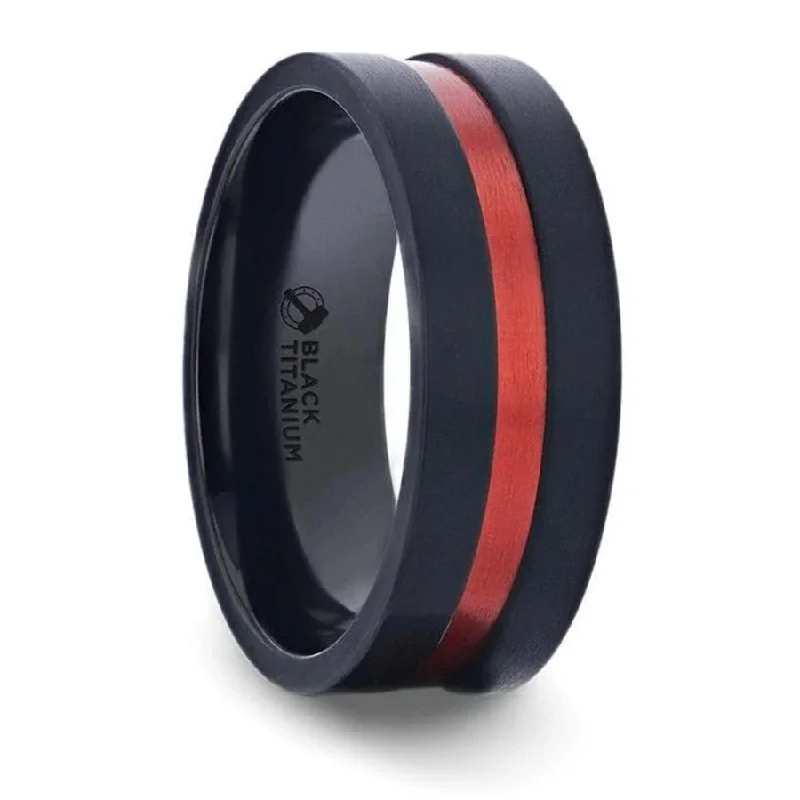 trendy rings for women-Black Ring with Centered Red Groove