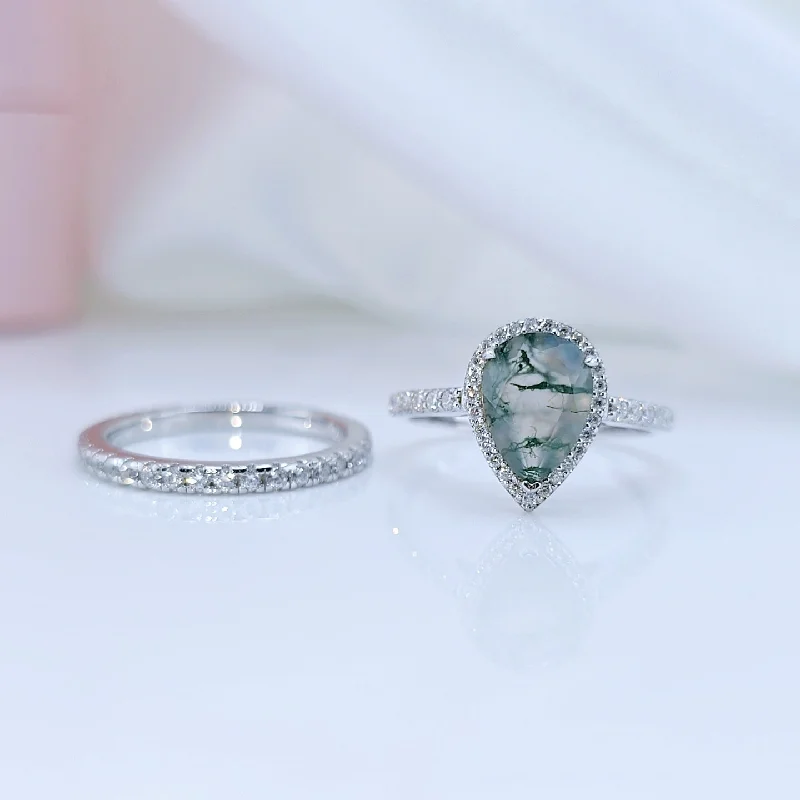 custom sapphire engagement rings-Halo Pear Cut Natural Moss Agate Wedding Ring Set In White Gold