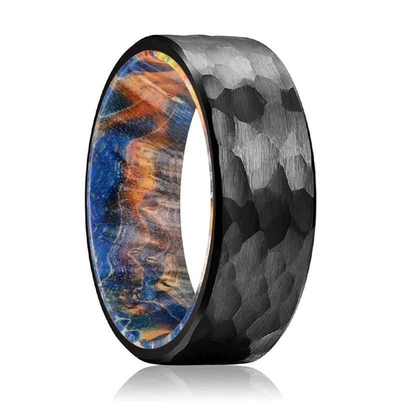 wedding rings for brides-MASON | Blue & Yellow/Orange Wood, Black Tungsten Ring, Hammered, Flat