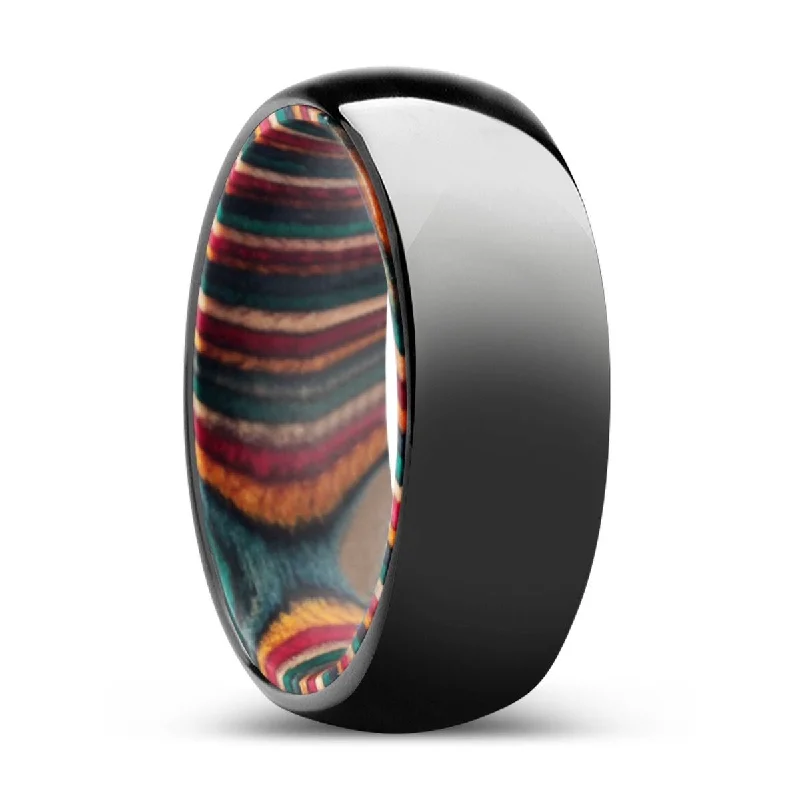 engagement rings for women-DRIFTWOOD | Multi Color Wood, Black Tungsten Ring, Shiny, Domed