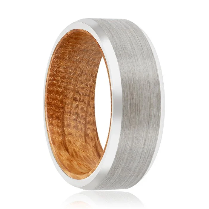 designer engagement rings for women-HOFFMAN | Whiskey Barrel Wood, Silver Tungsten Ring, Brushed, Beveled