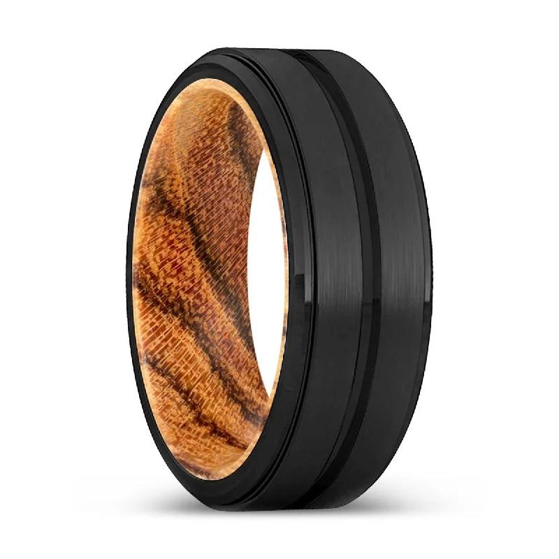 silver rings for women-CASEY | Bocote Wood, Black Tungsten Ring, Grooved, Stepped Edge