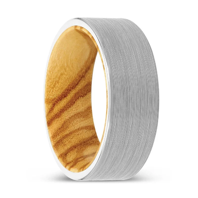 vintage gold rings for women-AMANI | Olive Wood, White Tungsten Ring, Brushed, Flat