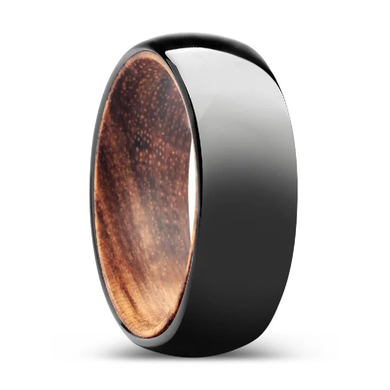 birthstone engagement rings for women-SILVAN | Zebra Wood, Black Tungsten Ring, Shiny, Domed