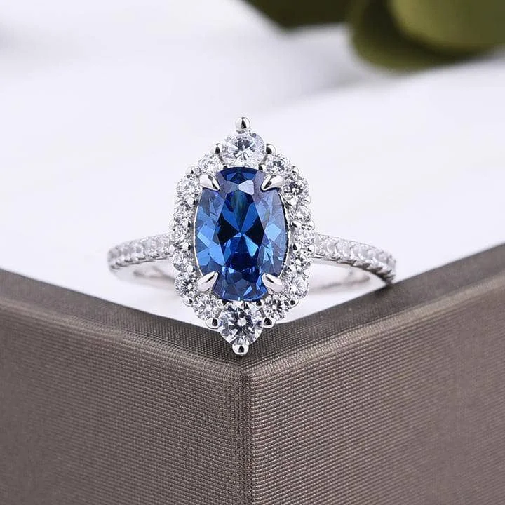 radiant cut engagement rings-Halo Oval Cut Blue Sapphire Engagement Ring