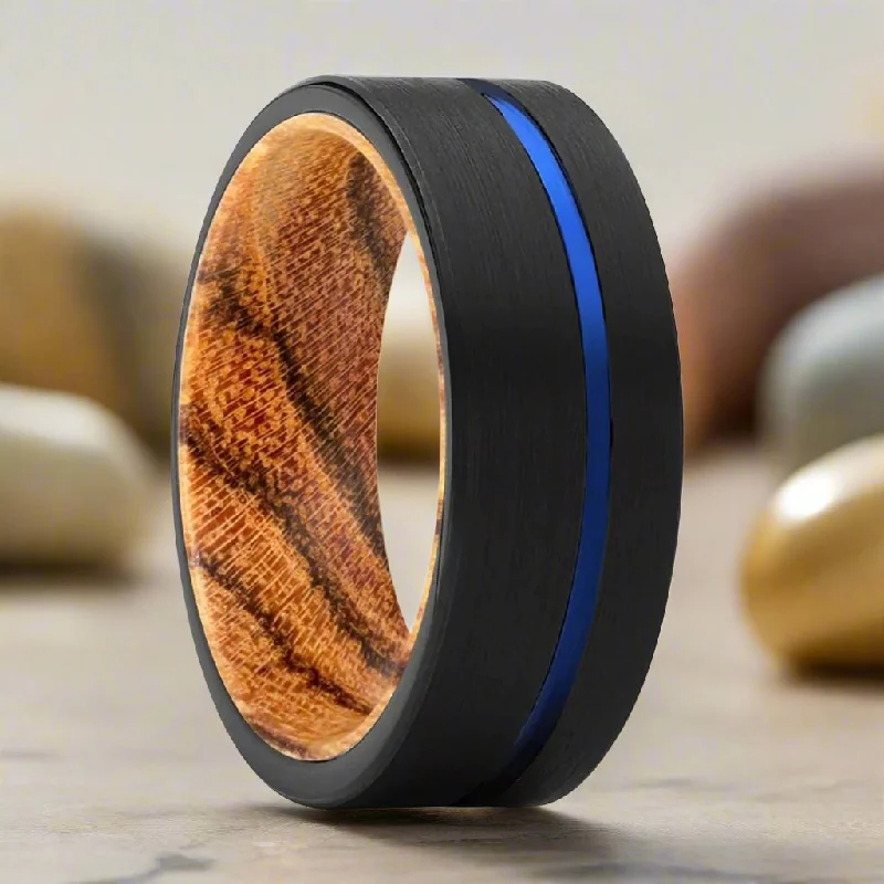 gemstone wedding rings for women-ADVENTUNE | Bocote Wood, Black Tungsten Ring, Blue Offset Groove, Flat