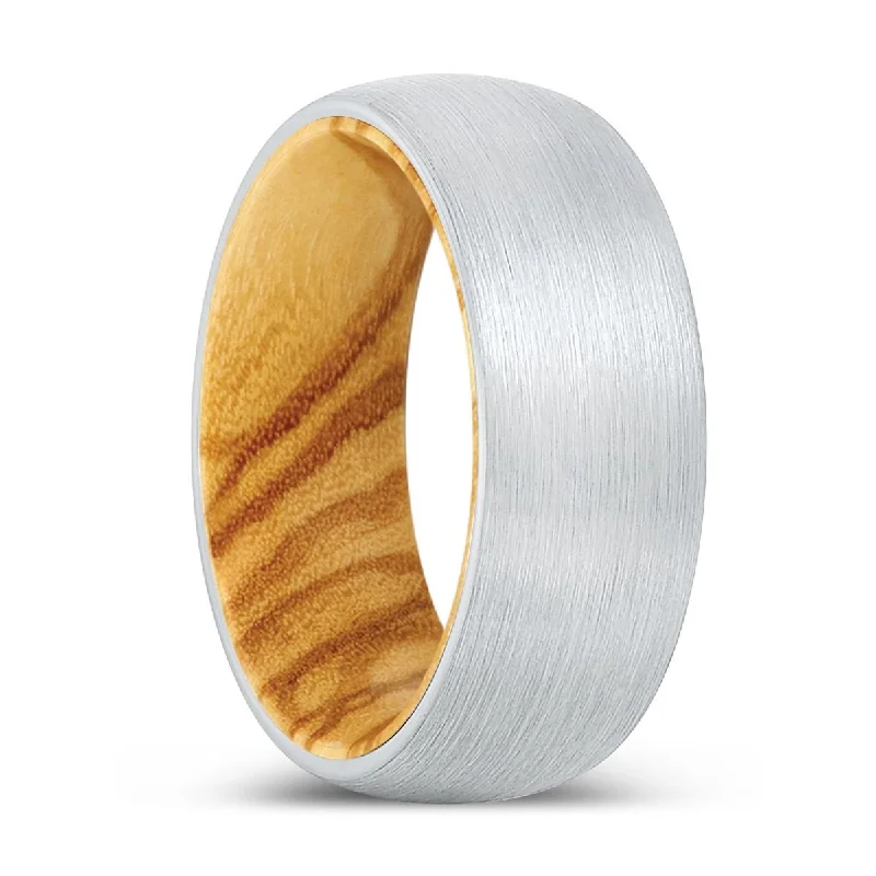 wedding rings with diamonds-BOUNTIFUL | Olive Wood, White Tungsten Ring, Brushed, Domed