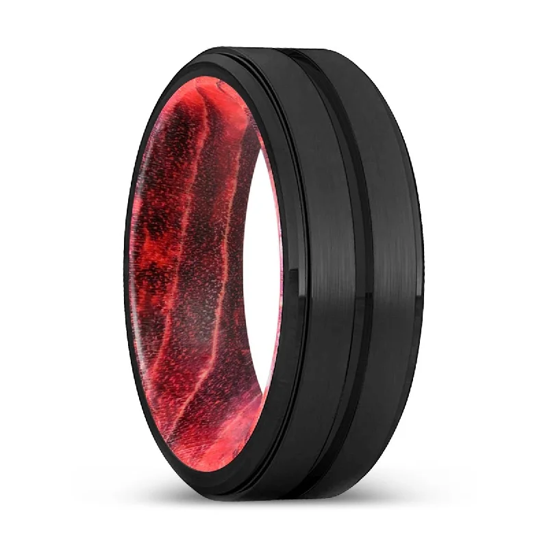 adjustable diamond rings for women-STUART | Black & Red Wood, Black Tungsten Ring, Grooved, Stepped Edge