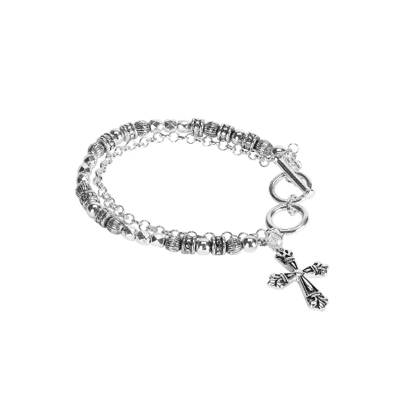 stretchable bangles for women-Bracelet Cross Beaded Silver Toggle