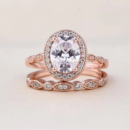 custom sapphire engagement rings-Rose Gold Vintage Leaf & Vine Art Deco Halo Oval Cut Ring Set