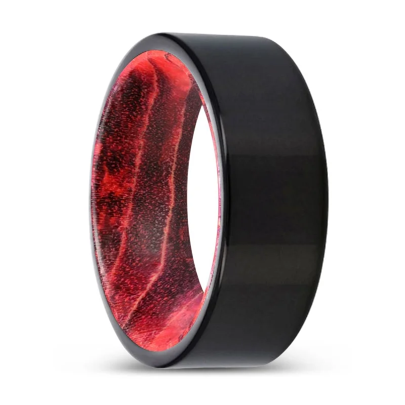 chic rings for women-NEARON | Black & Red Wood, Black Tungsten Ring, Shiny, Flat