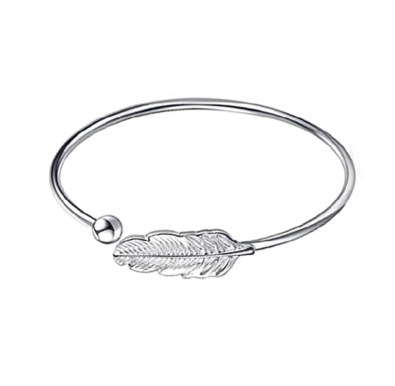 wedding bangle sets for women-Angel Wing Feather Sterling Silver Bangle Bracelet