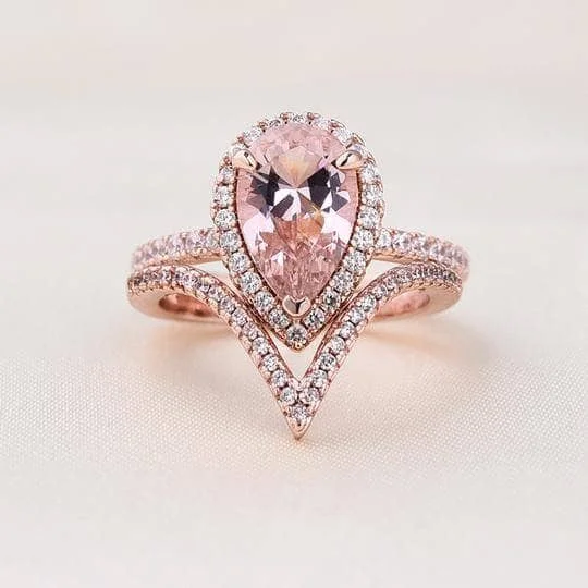 halo diamond engagement rings-Rose Gold Halo Pear Cut Synthetic Morganite Wedding Set