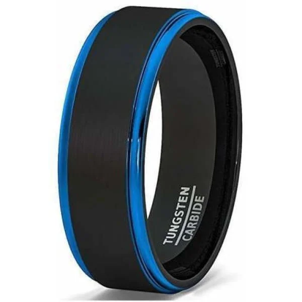 vintage rings for women-Men's Two Tone Brushed Black Tungsten Ring With Blue Stepped Edges - 8mm