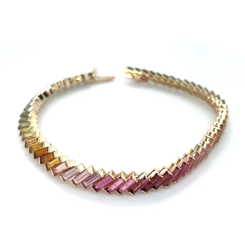 silver-plated bangle sets for women-14ct Yellow Gold Earth Grown 11.84ct Rainbow Baguette Tourmaline Tennis Bracelet