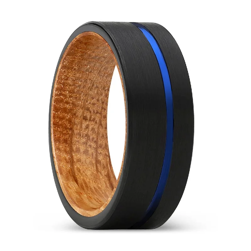 wedding rings with diamonds-ALPHA | Whiskey Barrel Wood, Black Tungsten Ring, Blue Offset Groove, Flat