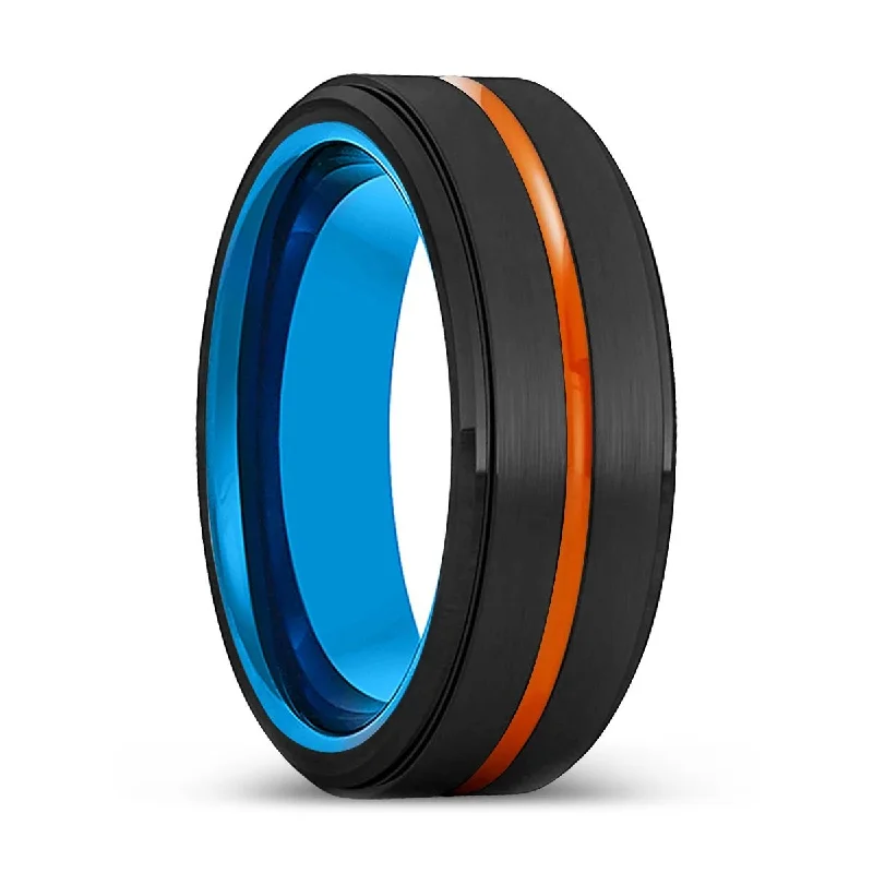 diamond solitaire rings for women-PEORIA | Blue Tungsten Ring, Black Tungsten Ring, Orange Groove, Stepped Edge