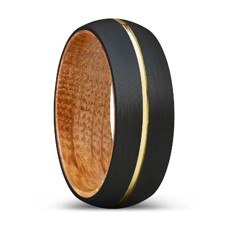 classic rings for women-INFAMOUS | Whiskey Barrel Wood, Black Tungsten Ring, Gold Groove, Domed