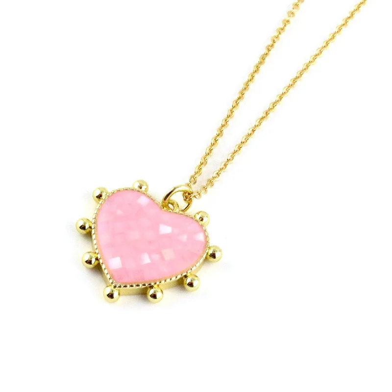 fashion necklaces for women-Mosaic Pearl Heart Necklace - Pink