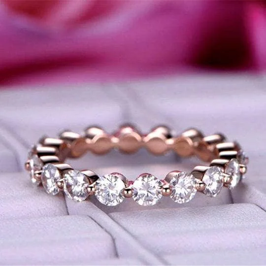 white gold engagement rings-Rose Gold Eternity Round Cut Stackable Wedding Band