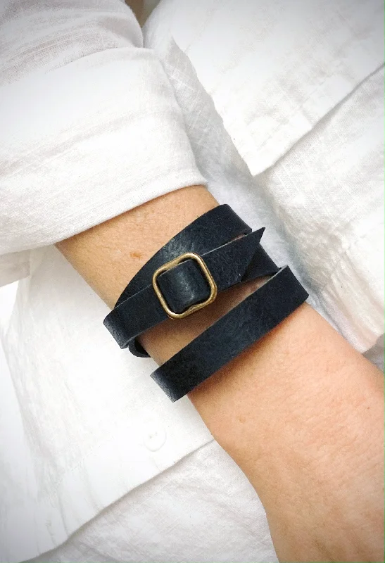 cuff bangles for women-Leather Bracelet Wrap Black Leather + Antique Brass, Boho Style, Gift For Women, Mens Bracelet, Handmade Jewelry