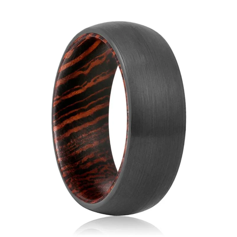 rings for women-ANGELIC | Wenge Wood, Black Tungsten Ring, Brushed, Domed