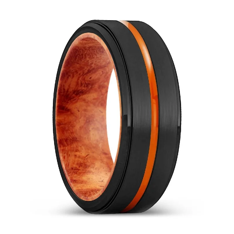 colorful rings for women-BURNABY | Red Burl Wood, Black Tungsten Ring, Orange Groove, Stepped Edge