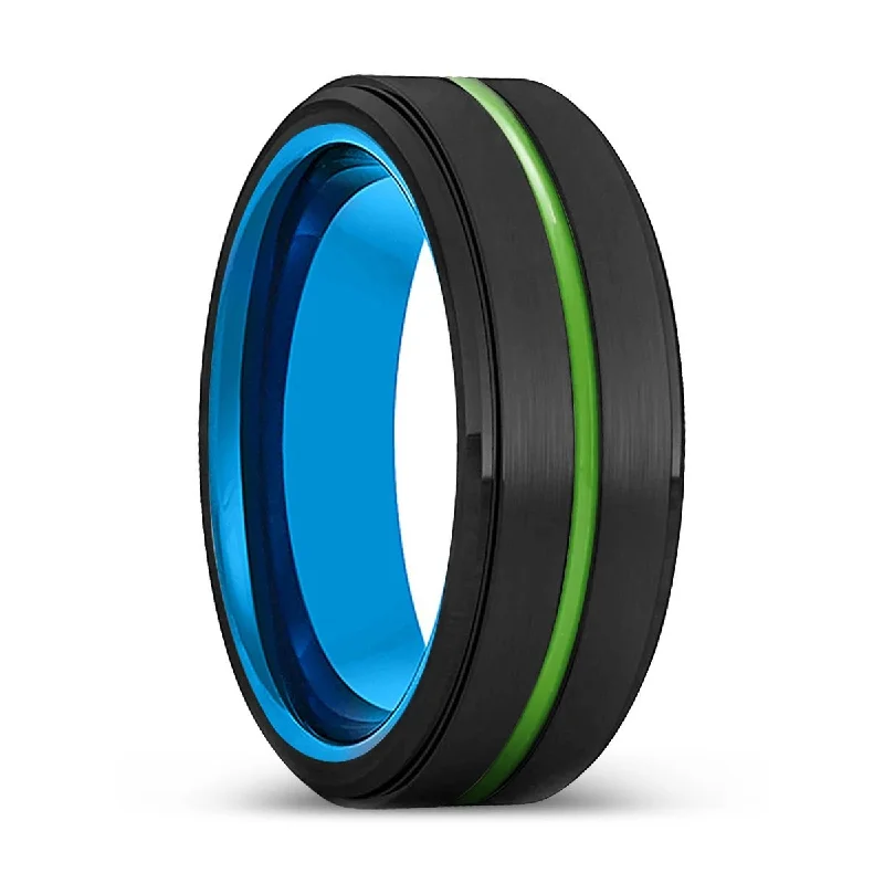 affordable rings for women-WACO | Blue Tungsten Ring, Black Tungsten Ring, Green Groove, Stepped Edge