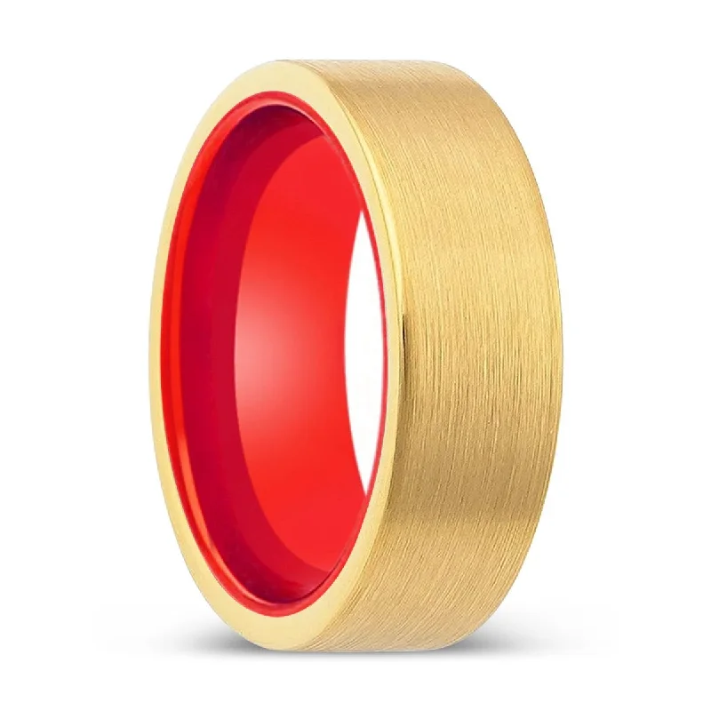 intricate rings for women-AXMINSTER | Red Ring, Gold Tungsten Ring, Brushed, Flat