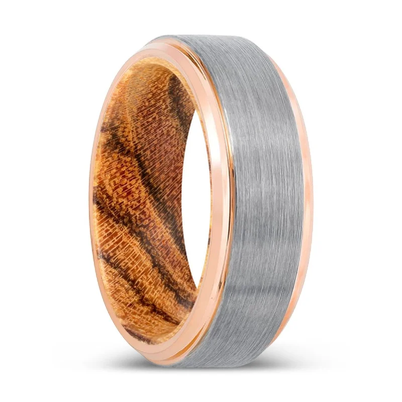 infinity rings for women-STINGER | Bocote Wood, Silver Tungsten Ring, Brushed, Rose Gold Stepped Edge