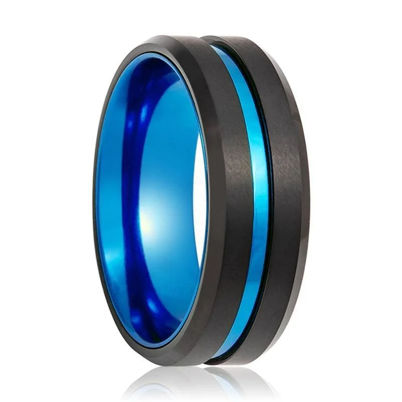 gold rings for women-Men's Beveled Sky Blue Grooved Black Tungsten Carbide Wedding Band - 8mm