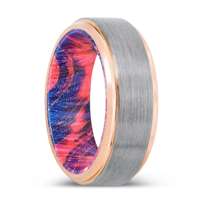 anniversary rings for women-RAVEN | Blue & Red Wood, Silver Tungsten Ring, Brushed, Rose Gold Stepped Edge